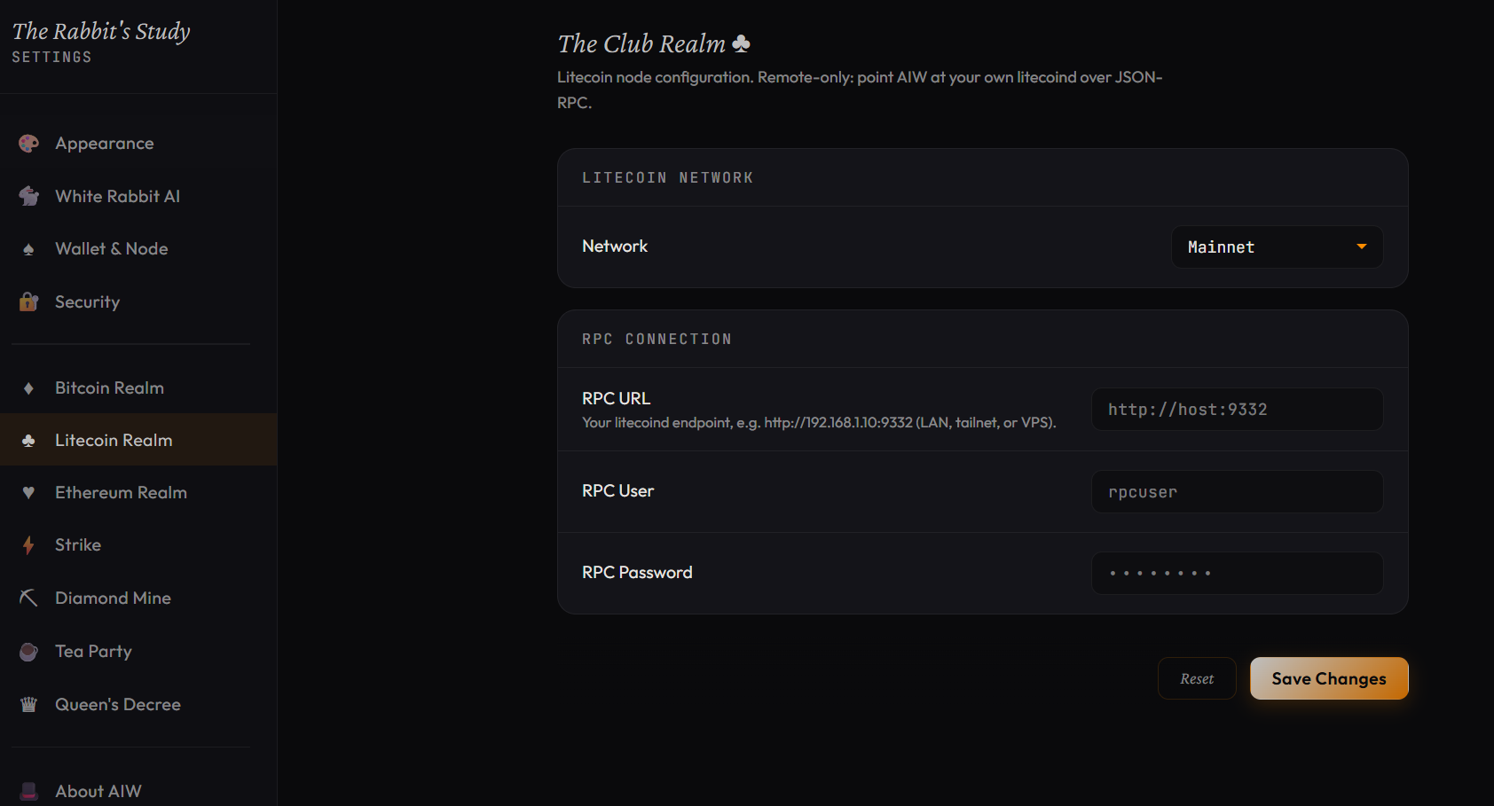 AIW Settings — the Club Realm (Litecoin): network selector and JSON-RPC URL, user and password fields