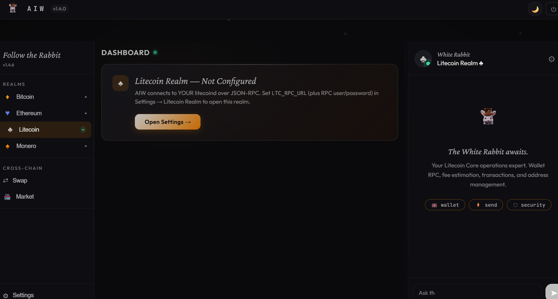 AIW dashboard — the Litecoin realm shown Not Configured with an Open Settings prompt