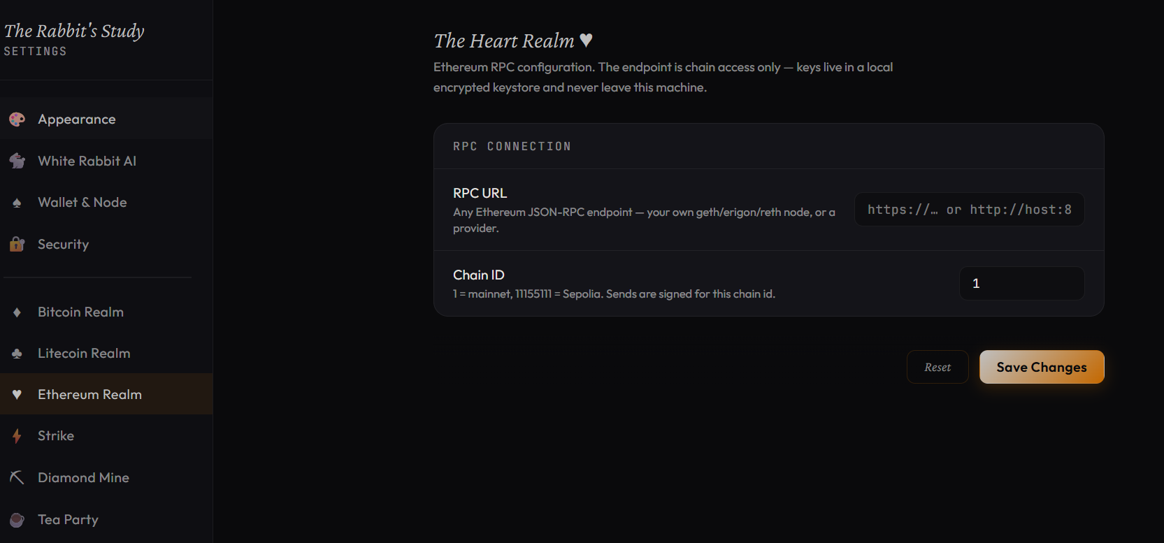 AIW Settings — the Heart Realm (Ethereum): RPC URL and Chain ID fields