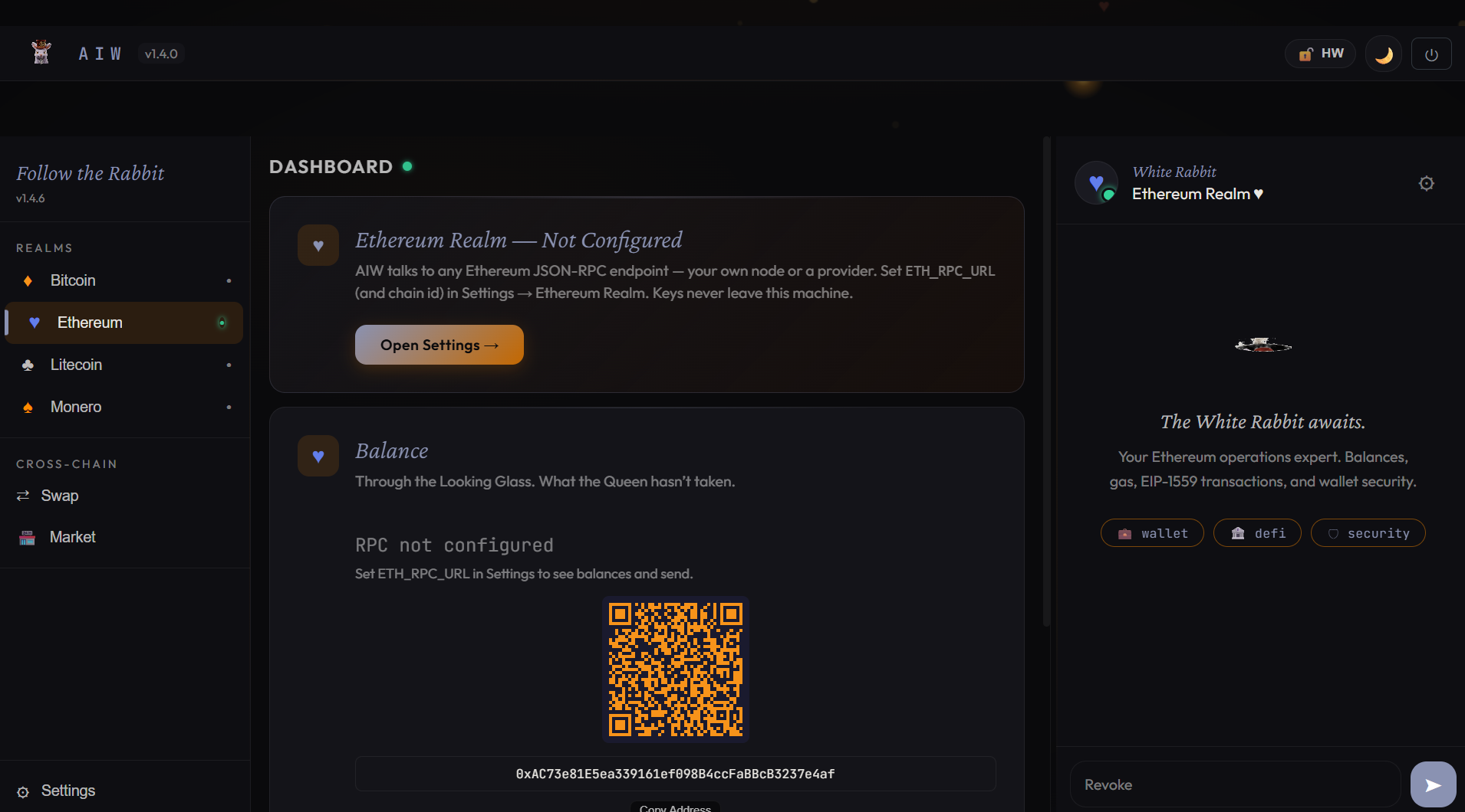 AIW dashboard — the Ethereum realm Not Configured, still showing the local wallet address and QR before any RPC is set