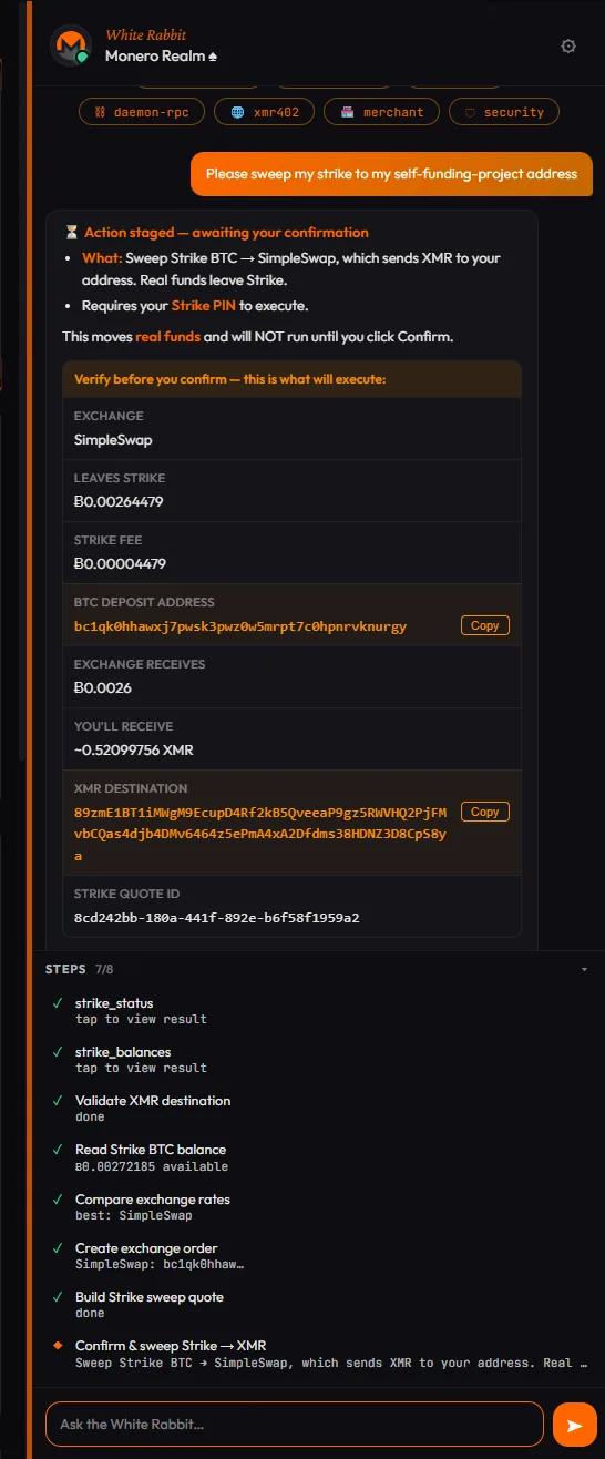 Chat request with the staged confirmation card and live step tracker