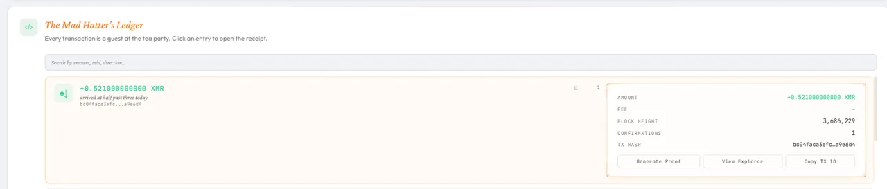 Transaction receipt in the ledger