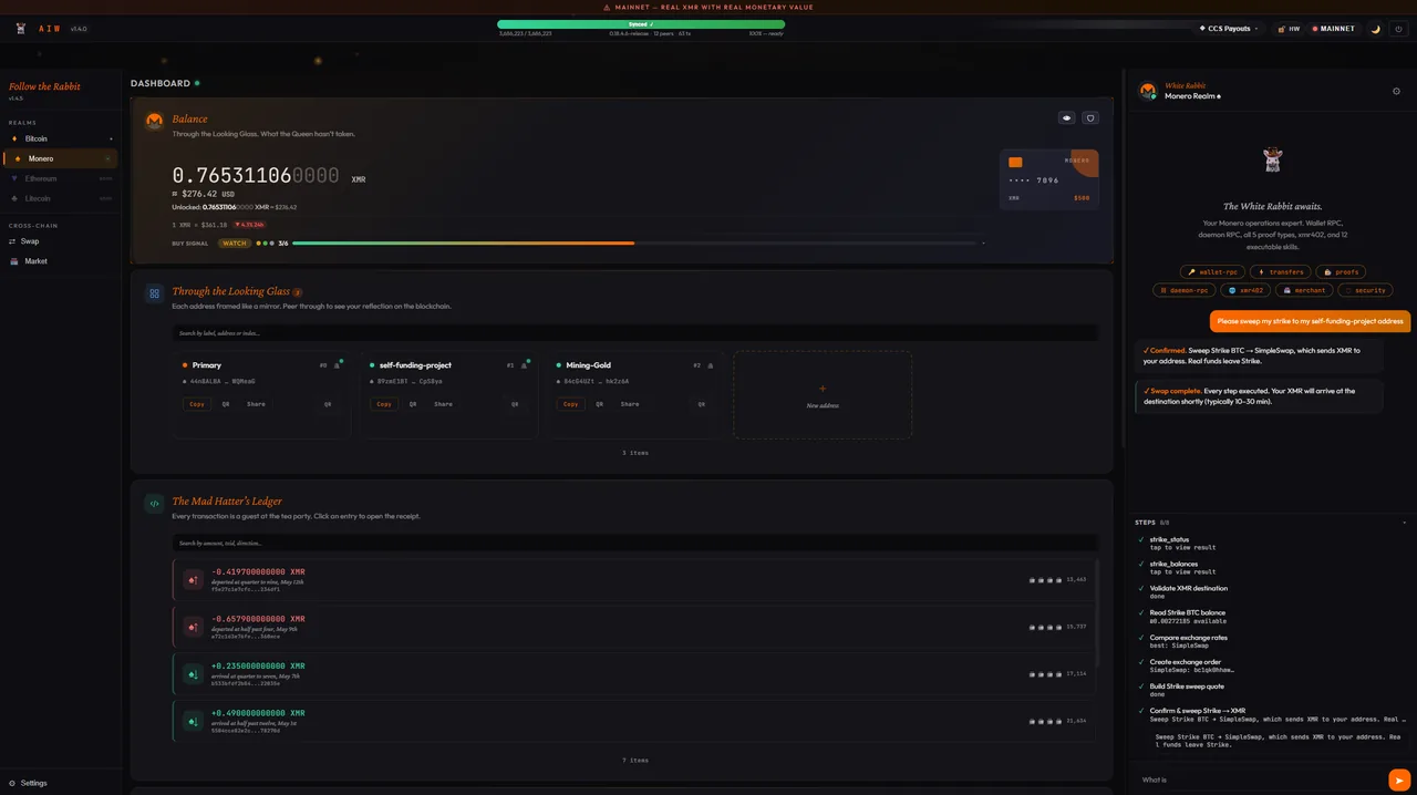 Full dashboard with balance, addresses, ledger and chat